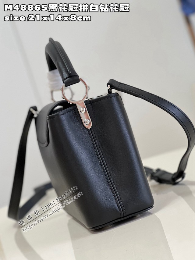 LV專櫃2023新款鱷魚紋手提肩背女包 M48865黑花冠拼白鑽花冠 路易威登Capucines迷你手袋 dn1176